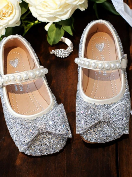 Kids Leather Ballerinas with Adjustable Metal Clasp Silver