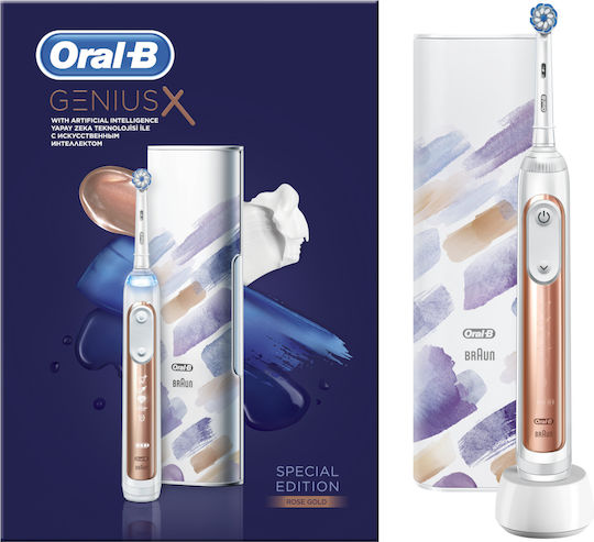 Oral-B Genius X 10000 Special Edition Elektrische Zahnbürste mit Drucksensor und Reisetasche Roségold