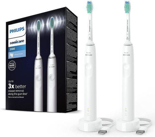 Philips Sonicare 3100 Ηλεκτρική Οδοντόβουρτσα με Χρονομετρητή και Αισθητήρα Πίεσης 2τμχ White Διπλή Συσκευασία