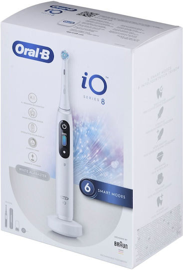 Oral-B Alabaster Series Io8 Periuță de dinți electrică cu Senzor de Presiune și Husă de Călătorie Albă