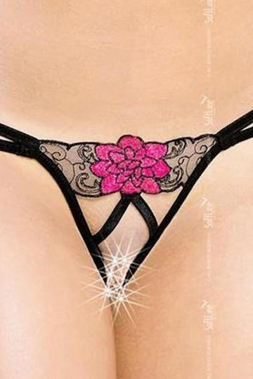 Softline Șir De Caractere Negru Cu Floare Roz 2448 Chiloței Sexy Femei Șir De Caractere Auto Cu Dantelă Neagră