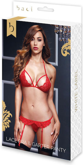 Baci Lingerie Lacy Bra Garter Open Crotch Panty Set Sexy Dessous-Set Red