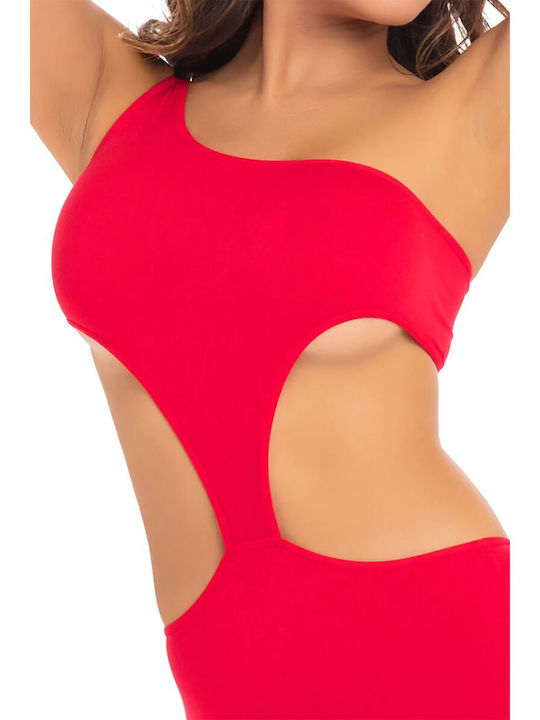Pink Lipstick Lingerie One Shoulder Cropped Catsuit Ολόσωμο Καλσόν Διχτυωτό Red