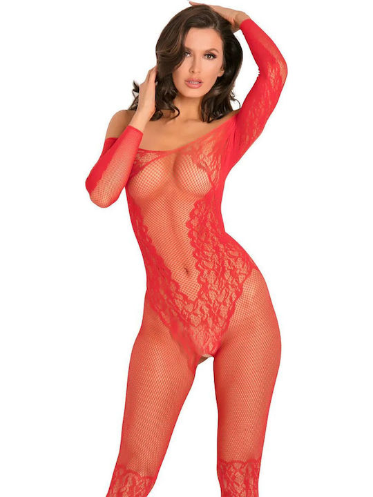 Rene Rofe Make You Melt Crotchless Bodystocking Ολόσωμο Καλσόν Διχτυωτό με Ανοιχτό Καβάλο Κόκκινο