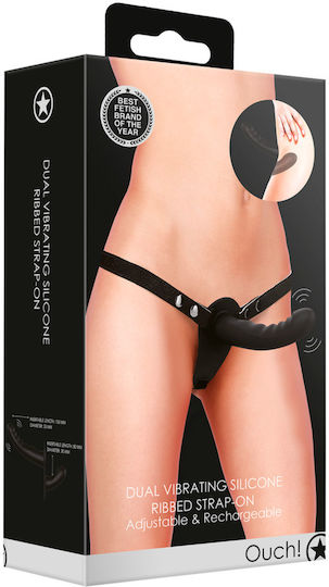 Shots Harness with Double Dildo and Vibration in Black Color