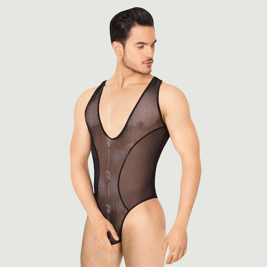 Softline Deep V Neck Mesh & Sheer Thong Bodysuit Black