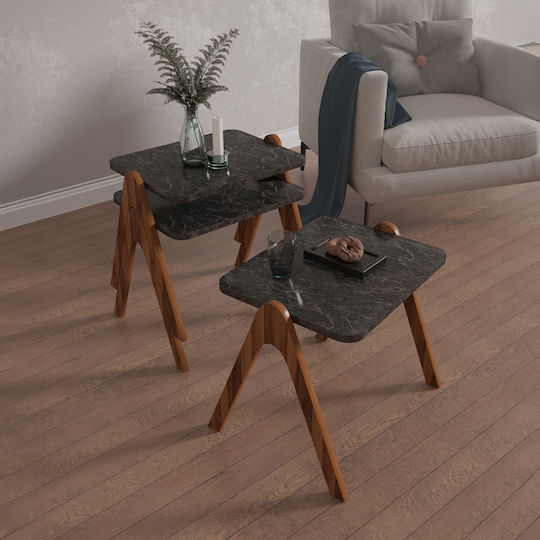 Правоъгълена Помощна маса Reacher Дървена Walnut-Black Marble 3бр Ш40xД30xВ40см.