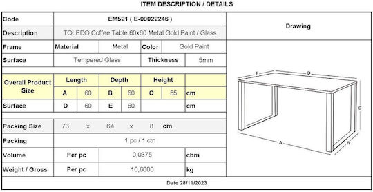 Quadratisches Zentral Kaffeetisch Toledo Glas Transparent M60xL60xH55cm EM521