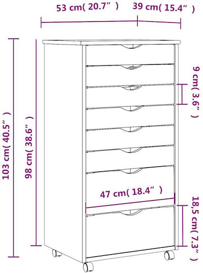 Sertar De Birou Din Lemn Masiv Cu Roți Magazin Online 53x39x103cm