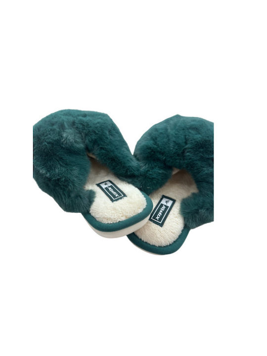 Winter Women's Slippers with fur in Green color