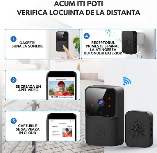 Clopoțel Fără Fir Pentru Ușă Wi-Fi / Bluetooth Negru