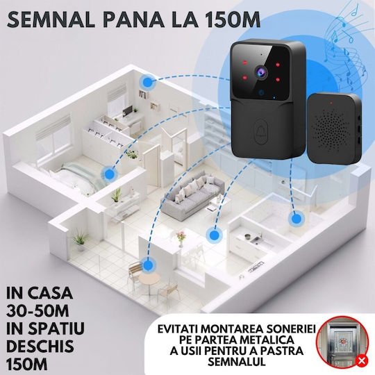 Clopoțel Fără Fir Pentru Ușă Wi-Fi / Bluetooth Negru