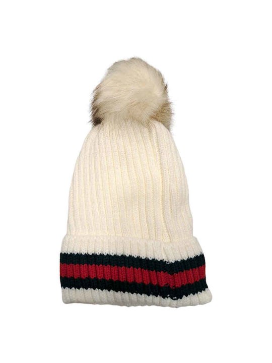Pom Pom Beanie Unisex Σκούφος Πλεκτός σε Λευκό χρώμα