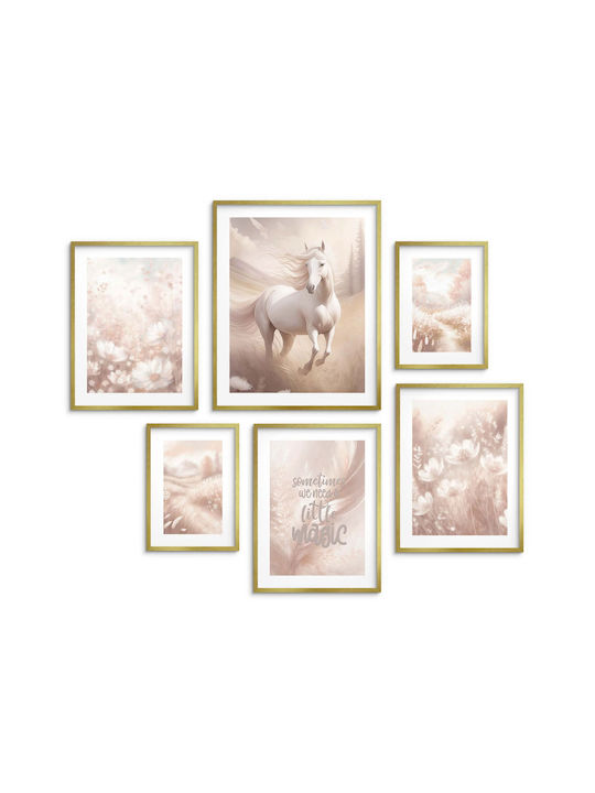 Kinderposter Set aus 6 Galerie Pferd Zitat Beige Set 100x100