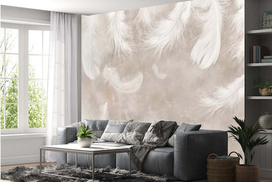 Contemporary Beige Wall Mural Living Room Feathers on Concrete 197x296
