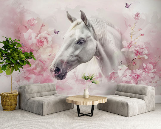 Mural Bedroom White Horse Flowers Wallcovering Pink 260x390