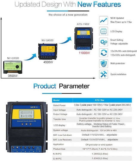 Controler Dual de Putere Moes 50a 5500w Comutator Automat Sistem Independent Solar Eolian Ats Dc 12v 24v 48v Ac 110v 220v