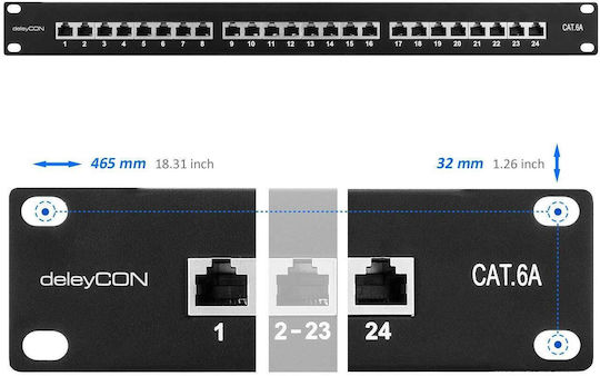 DeleyCON Patch Panel για Rack 19" 24 Θυρών cat6a Μαύρο