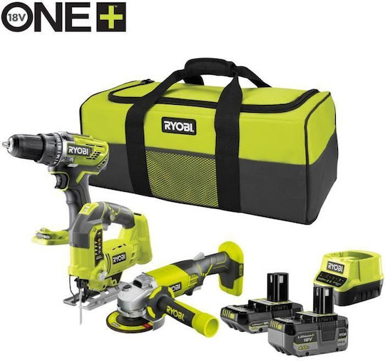 Ryobi Set Drill & Drill Driver & Jigsaw & Sander Brushless with 2 Batteries 4Ah and Case