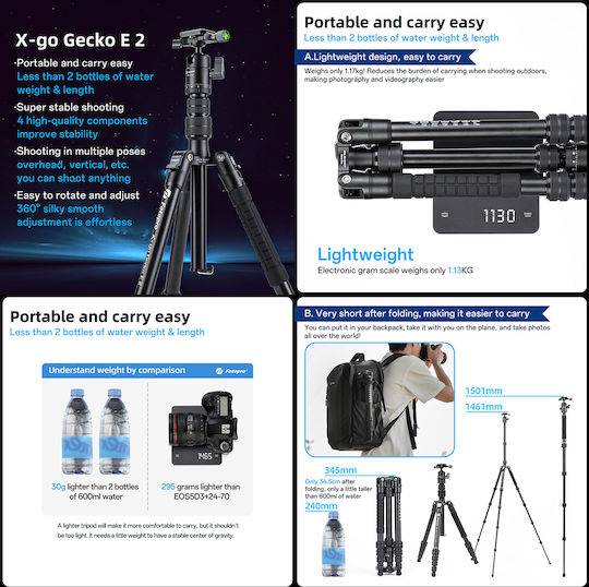 Fotopro Fotografie-Stativ X-go Gecko E2 Faltbar Bis zu 146,1 cm Bis zu 8 kg Schwarz