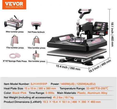 Vevor 8 in 1 Multifunctional Heat Press 15x15" T-Shirts Cups 30oz Black Yts30oz151581nggxv2