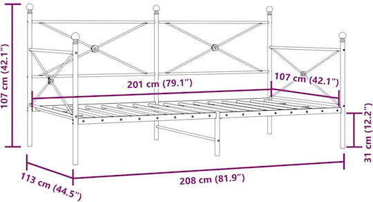 Pat Semi-dublu Metalic Alb Cu Plăci Pentru Saltea 107x203cm