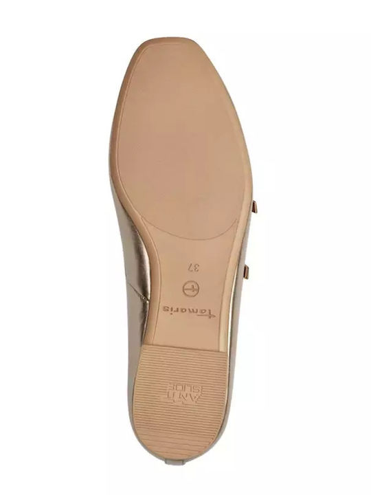 Lederne Damen Ballerinas Spitz zulaufend mit Riemen in Gold Farbe