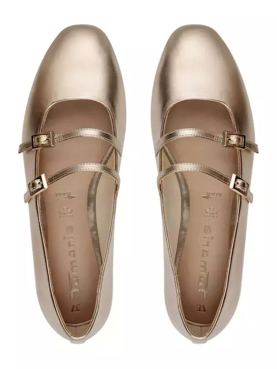 Lederne Damen Ballerinas Spitz zulaufend mit Riemen in Gold Farbe
