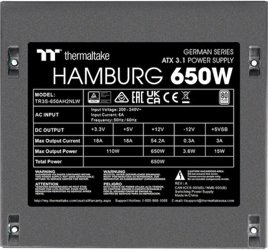 Thermaltake Hamburg 650W Μαύρο Τροφοδοτικό Υπολογιστή Full Wired