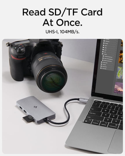 Spigen ArcDock 8-in-1 USB-C Докинг станция с HDMI 4K PD Ethernet Сребрист