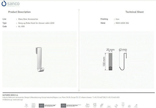 Sanco Glass Door Handles GL-008-A90 Haken Badezimmer Einzeln ​2x10cm Inox Chrome