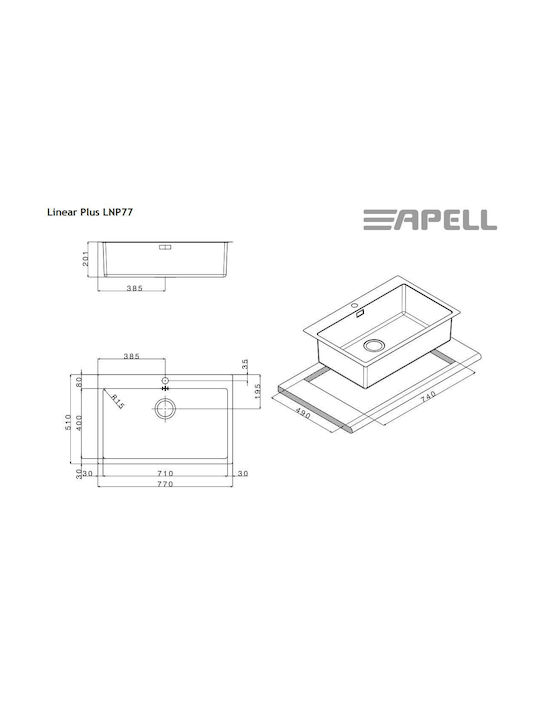 Apell Linear Plus Drop-In Sink Inox Satin W77xD51cm Silver