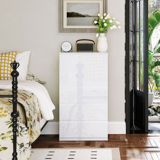Wooden Chest of Drawers with 5 Drawers White Glossy 55x33x100cm