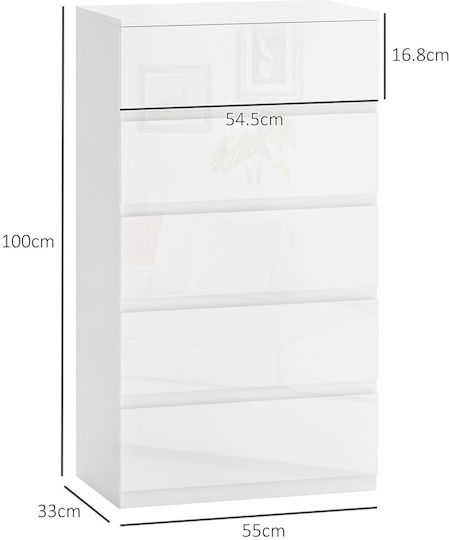 Wooden Chest of Drawers with 5 Drawers White Glossy 55x33x100cm