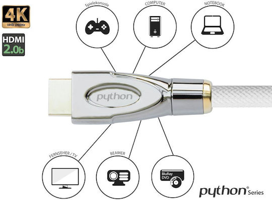 Python HDMI 2.0 Premium High Speed 4K 60Hz HDR Braided Cable HDMI male - HDMI male 1m Λευκό