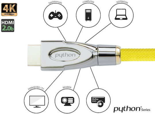 Python HDMI 2.0 Flat Cable HDMI male - HDMI male 3m Yellow