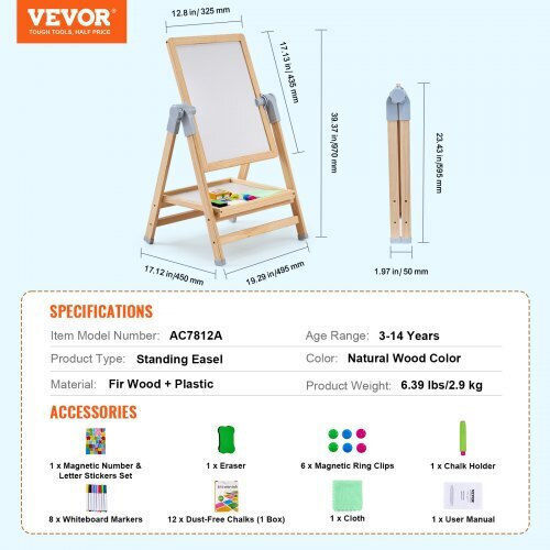 Tablă de desen magnetică din lemn cu două fețe pentru copii Vevor