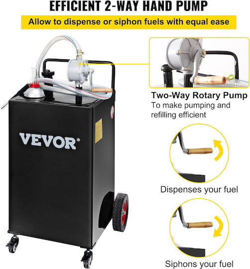 Vevor 30 Gallon Fuel Caddy Gas Storage Tank & 4 Wheels Manual Transfer Pump Fuel Tank Diesel Cars Lawn Mowers ATVs Boats More Black