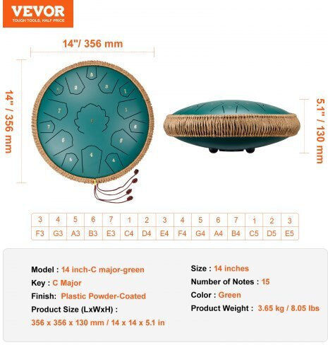 Vevor Steel Tongue Drum 15 Notes 35.56cm