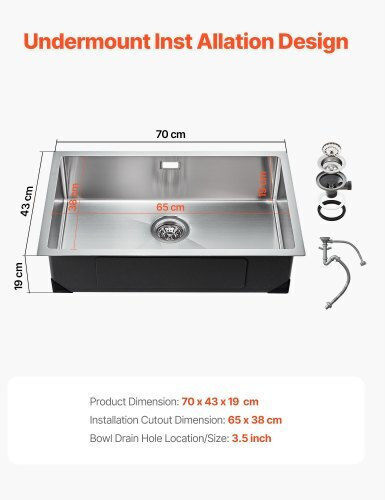 Vevor Υποκαθήμενος Νεροχύτης Inox Μ70xΠ43cm Ασημί