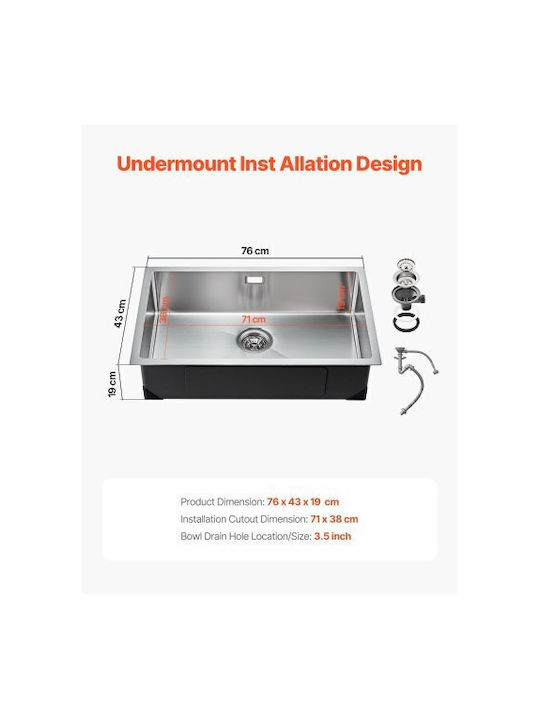 Vevor Sub masă Chiuvetă Inox L76xW43cm Argintiu