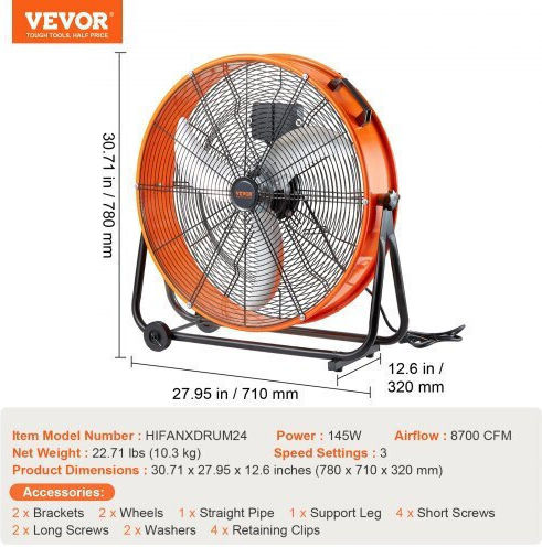 Vevor GYLSFS24YCACQCOS3V2 Επαγγελματικός Ανεμιστήρας Δαπέδου 145W Διαμέτρου 60.96cm