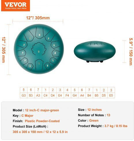Vevor Steel Tongue Ethnic Drum GSGGSG12inchH3S3CV0 15 Notes 30.48cm