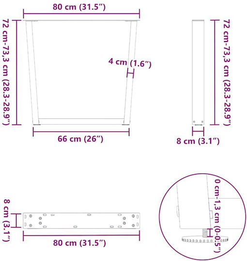 vidaXL Metallic Furniture Leg 3 Pieces Suitable for Table / Coffee Table / Office 80x72cm White