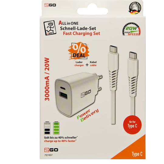 2GO Φορτιστής με Θύρα USB-A και Θύρα USB-C και Καλώδιο USB-C - USB-C 20W Power Delivery Λευκός