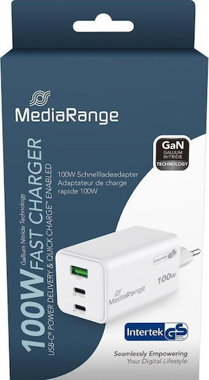MediaRange Зарядно без кабел GaN с USB-A порт и 2 USB-C порта 100W Power Delivery Бял (MRMA123)