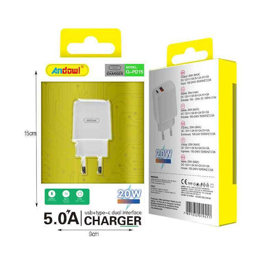 Andowl Ladegerät ohne Kabel mit USB-A Anschluss und USB-C Anschluss 20W Weißs (Q-PD15)