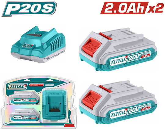 Total Set 2 Tool Batteries Lithium 20V Capacity 2Ah with Charger