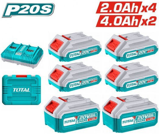 Total Σετ 6 Μπαταριών Εργαλείου Λιθίου 20V Χωρητικότητας 4Ah/2Ah με Φορτιστή