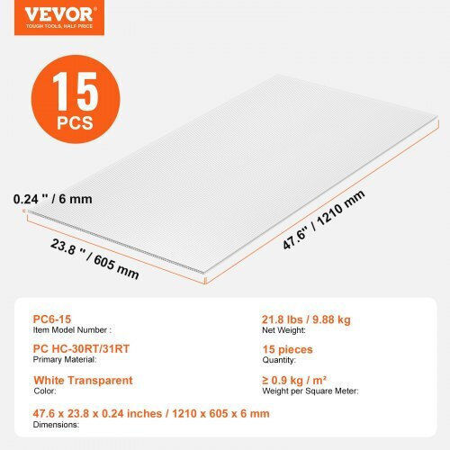 Vevor 15 Polycarbonate Greenhouse Sheets 2' X 4' X 0.24'' Slwdbbstm15jkn5etv0